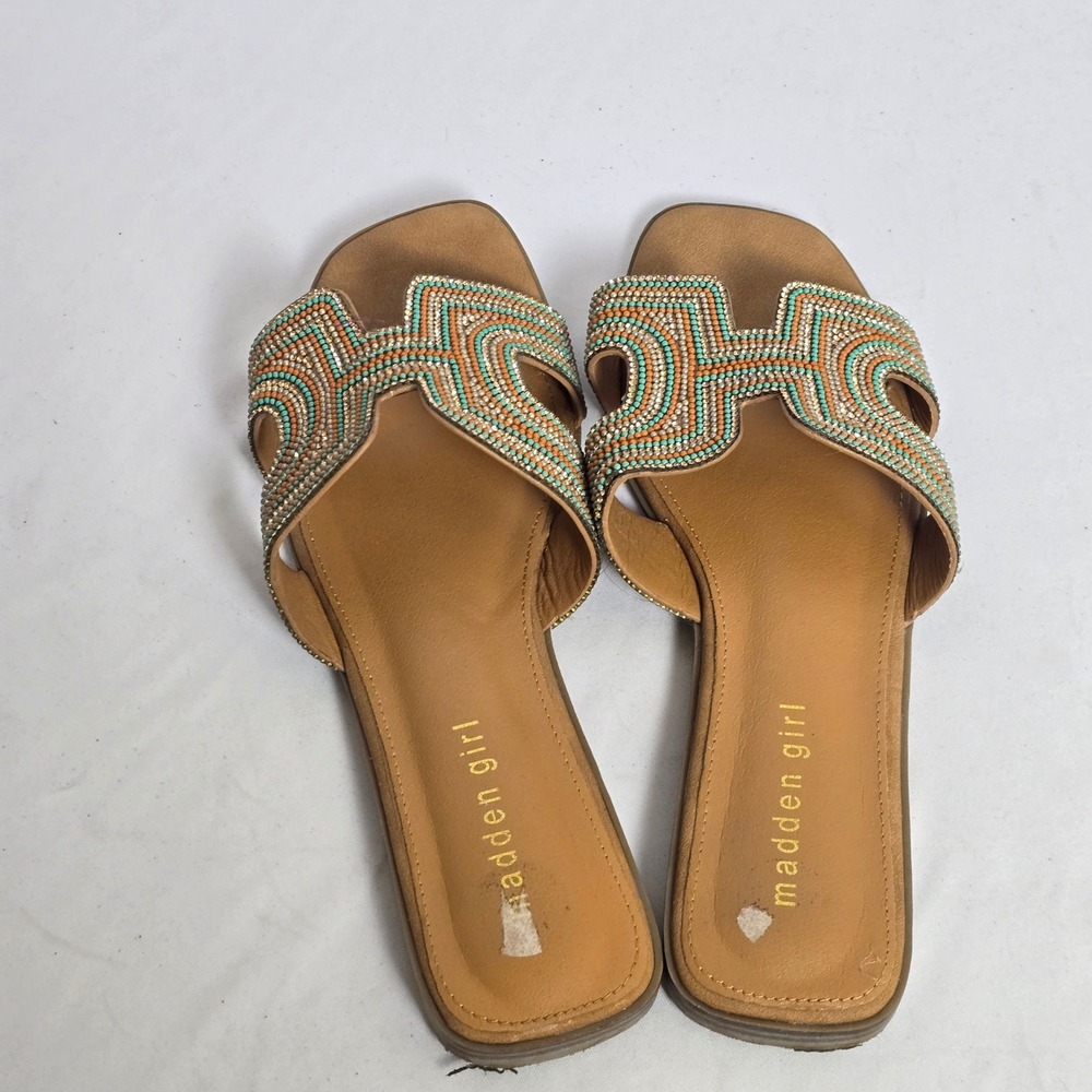 Madden Girl Womens Beaded H-Band Slide Sandals Orange Turquoise Rhinestone 8.5 - Picture 4 of 8